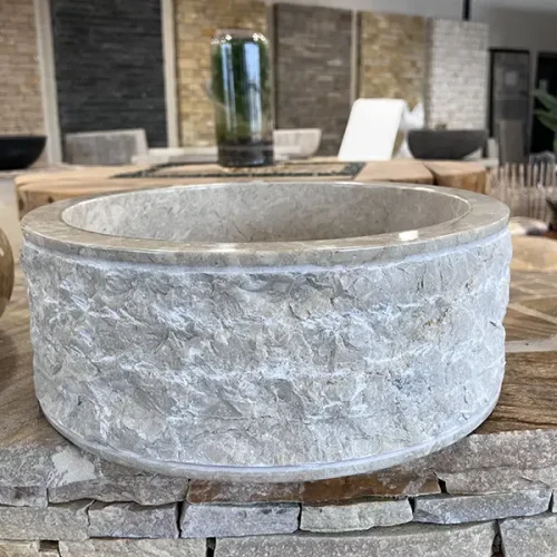 VASQUE EN MARBRE BEIGE NATUREL RONDE DIAM 40CM HAUTEUR 15CM cylindre GR4377