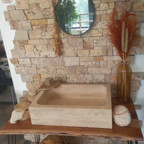 VASQUE TRAVERTIN BEIGE RECTANGULAIRE 70X46X18CM